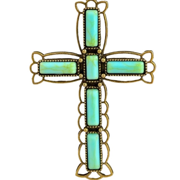 Gold & turquoise large cross pendant necklace with gold chain - Picture 6 of 7